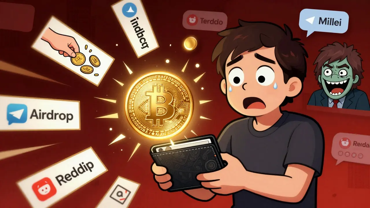 Cartoon of a person falling for a LIBRA crypto scam with fake airdrop links stealing their wallet