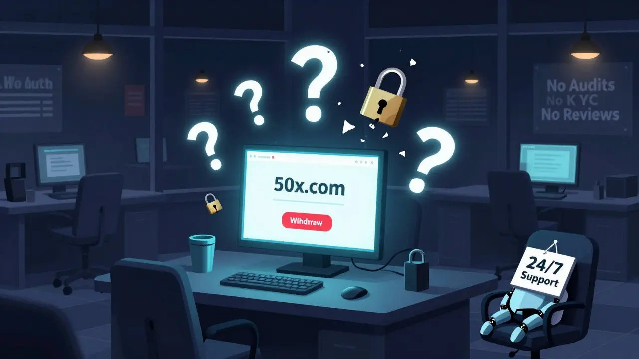 Cartoon of an empty trading room with one glowing screen, floating question marks, and a sleeping support robot.