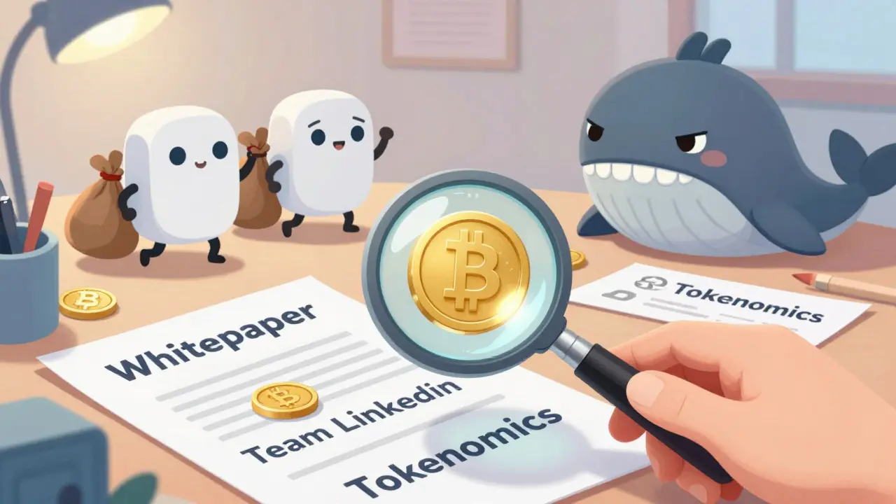 Desk with research tools and magnifying glass over a crypto token, bots trying to steal coins