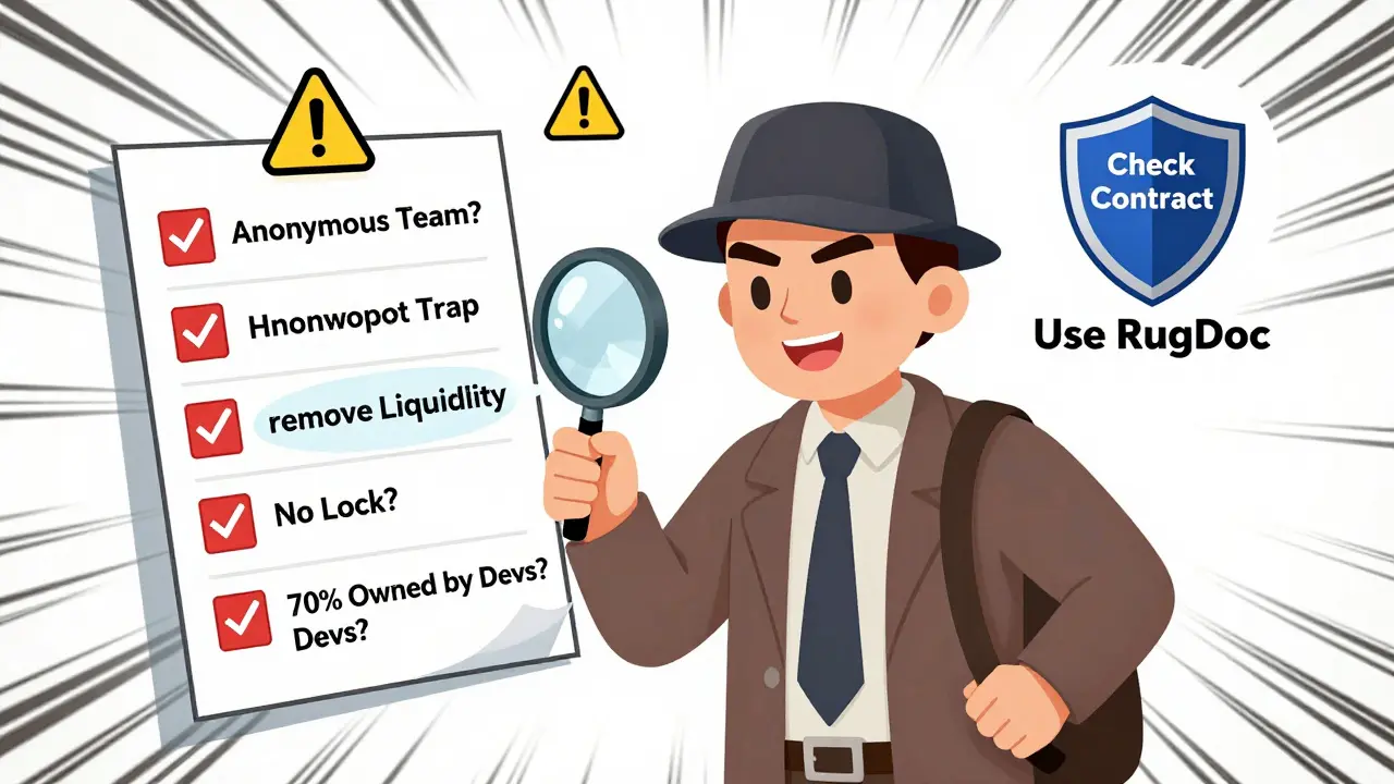 Detective uncovering hidden rug pull backdoors in a blockchain contract with red flags.