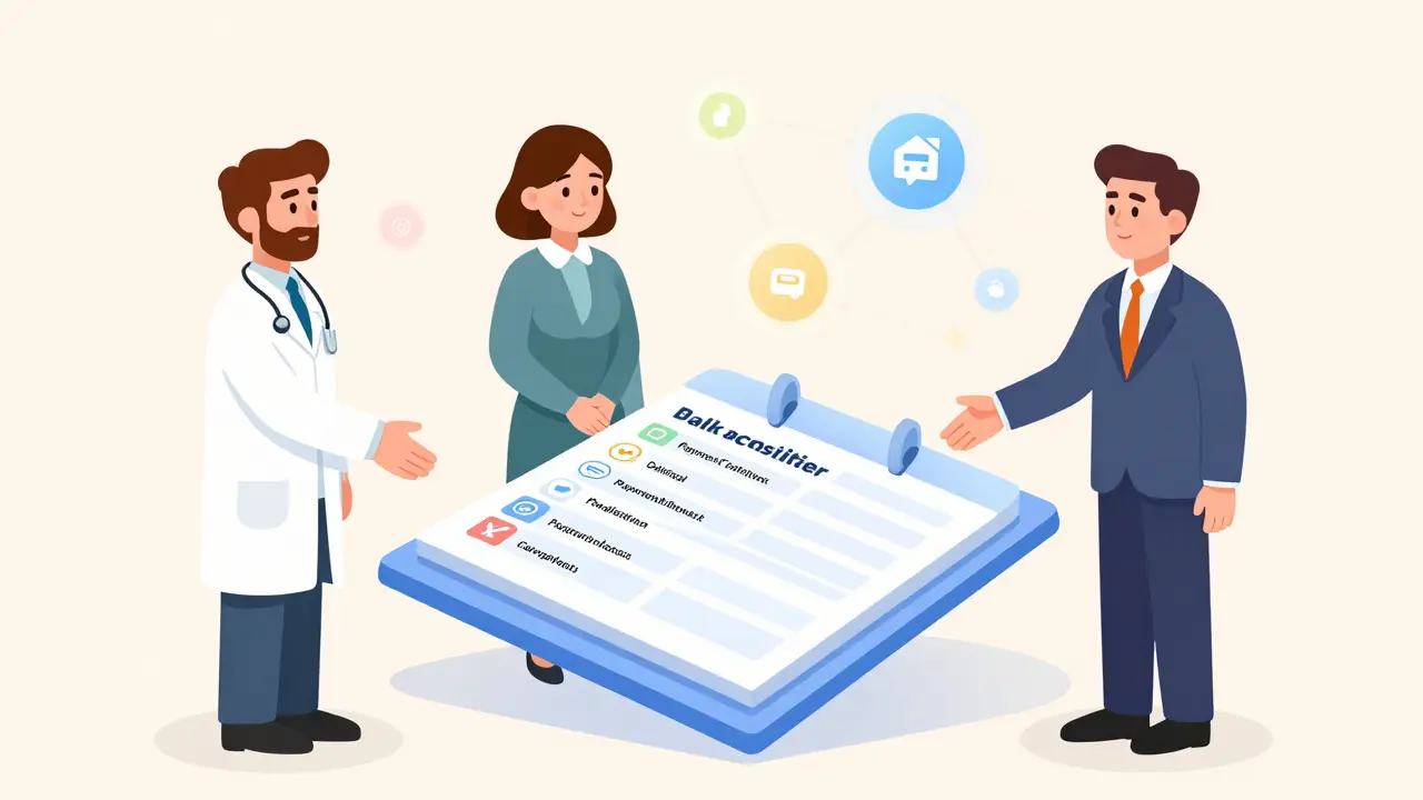 Doctors, bankers, and shippers shaking hands over a shared digital ledger with glowing network nodes.