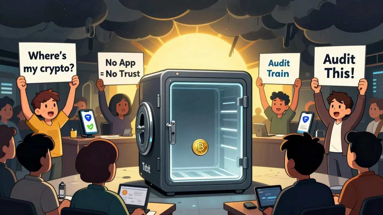 Empty vault labeled Txbit while trusted exchanges glow nearby, users holding signs
