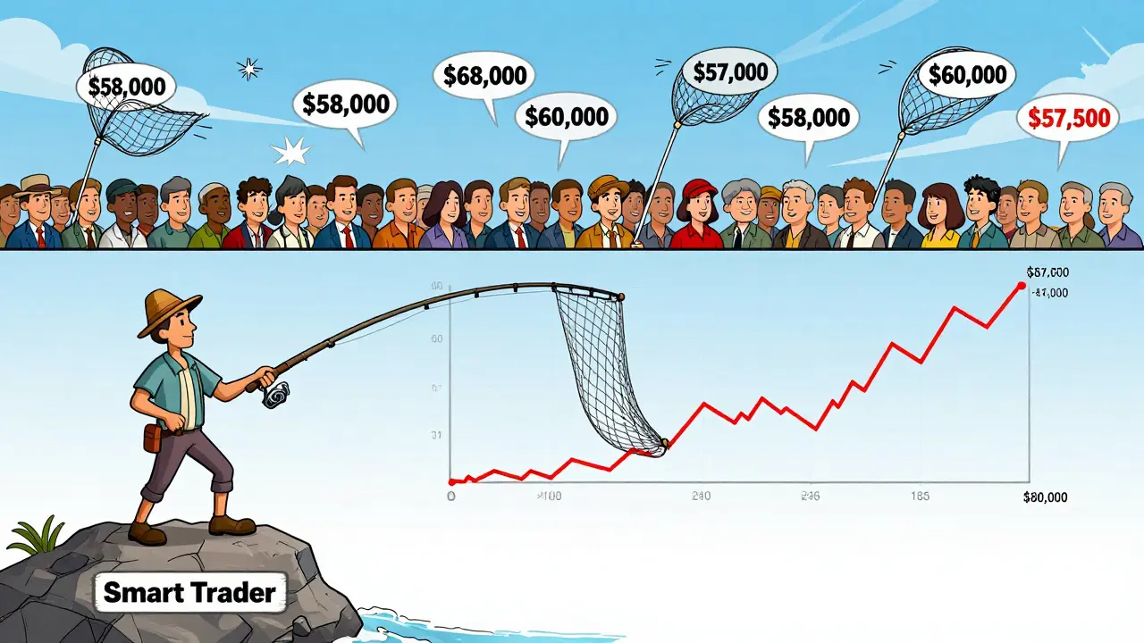 Fisherman casts net below Bitcoin support level, avoiding round-number traps.