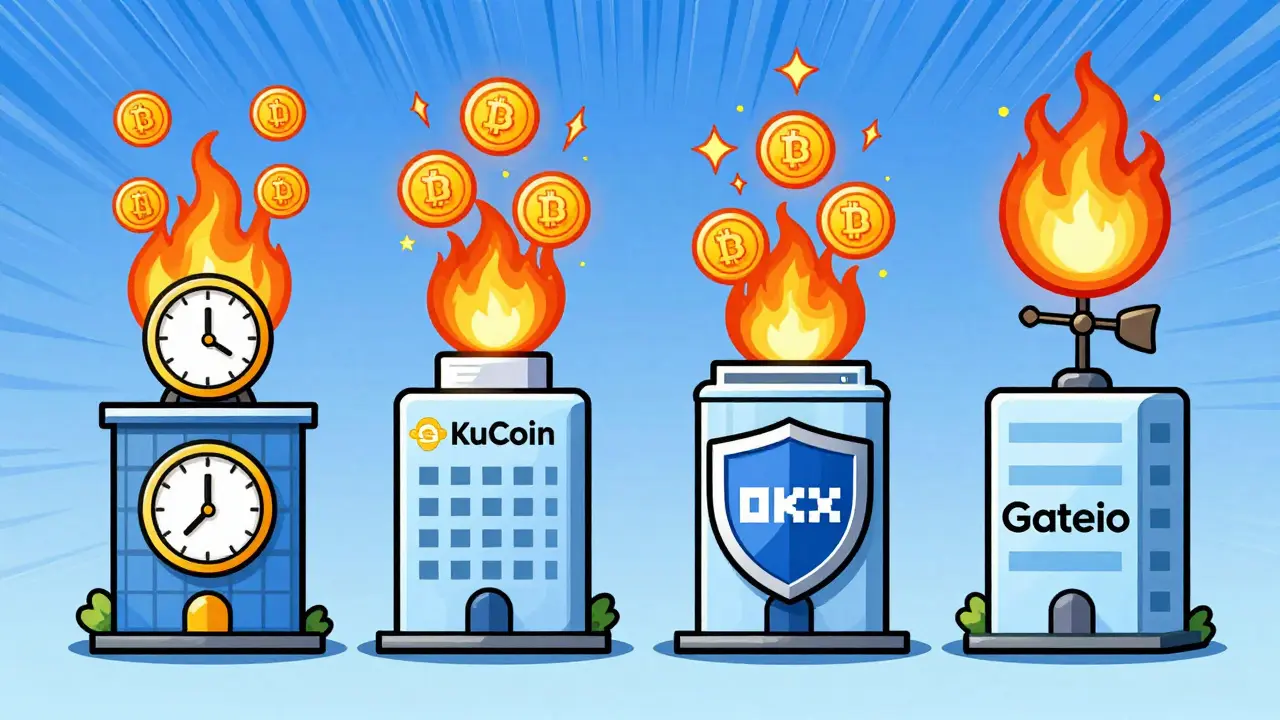 Four cartoon crypto exchanges with unique burn mechanisms, each emitting burning tokens into gold coins.