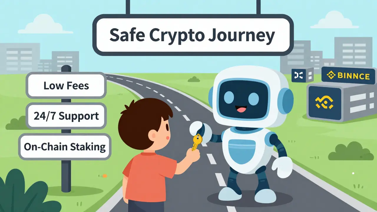 Friendly robot mascot giving security key to user on safe crypto journey path in cartoon style