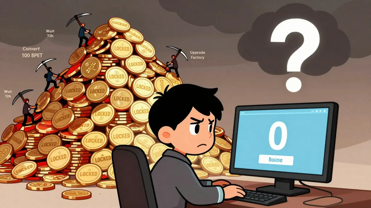 Frustrated player facing a mountain of locked XPET tokens labeled '300 Million', surrounded by wait signs.