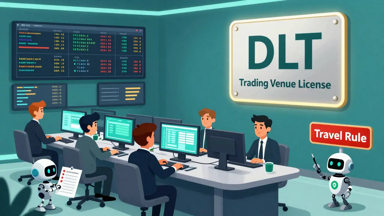 Futuristic crypto trading floor with tokenized assets and DLT license plaque
