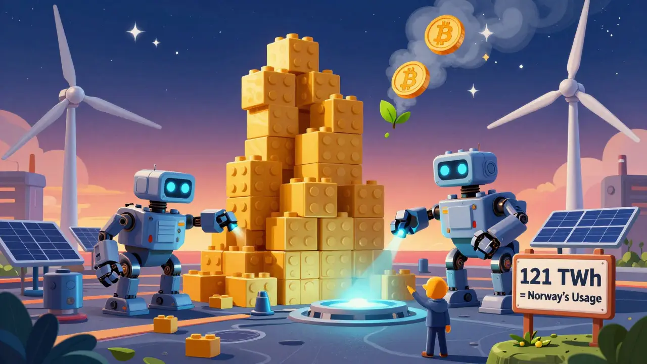 Giant ASIC robots mine Bitcoin under renewable energy sources under a starry sky.