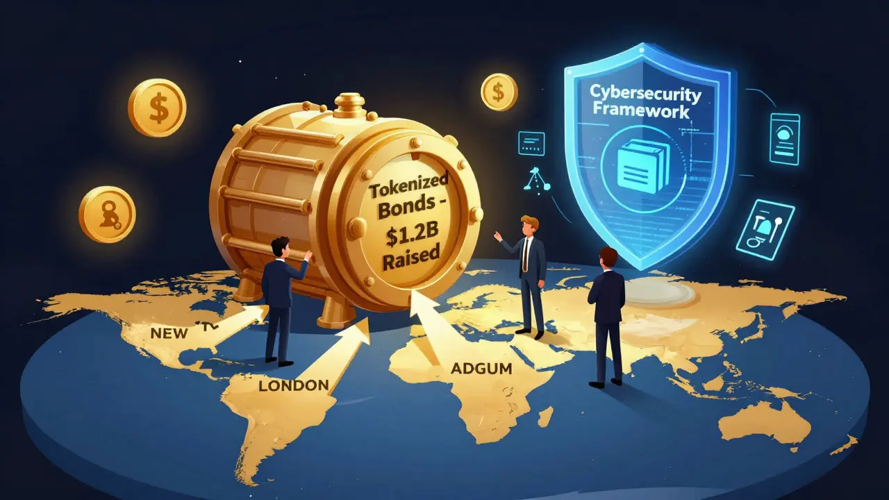 Global investors sending capital to ADGM vault with cybersecurity shield glowing