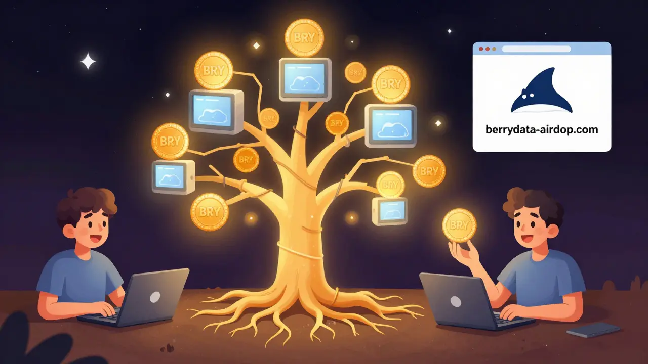 Glowing data tree with BRY tokens earned by users sharing storage space