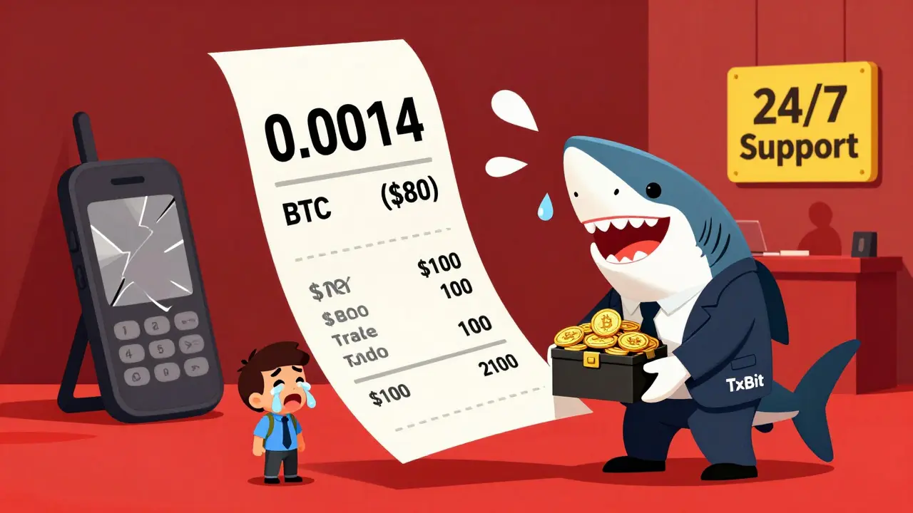 Huge fee receipt for small trade, shark in suit holding crypto, trader crying