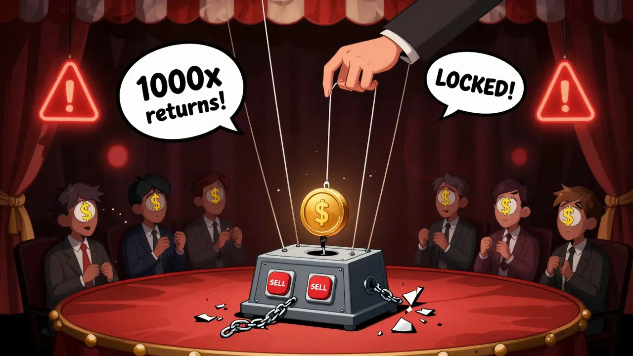 Puppet theater showing a smart contract trapping buyers while only sellers are controlled.