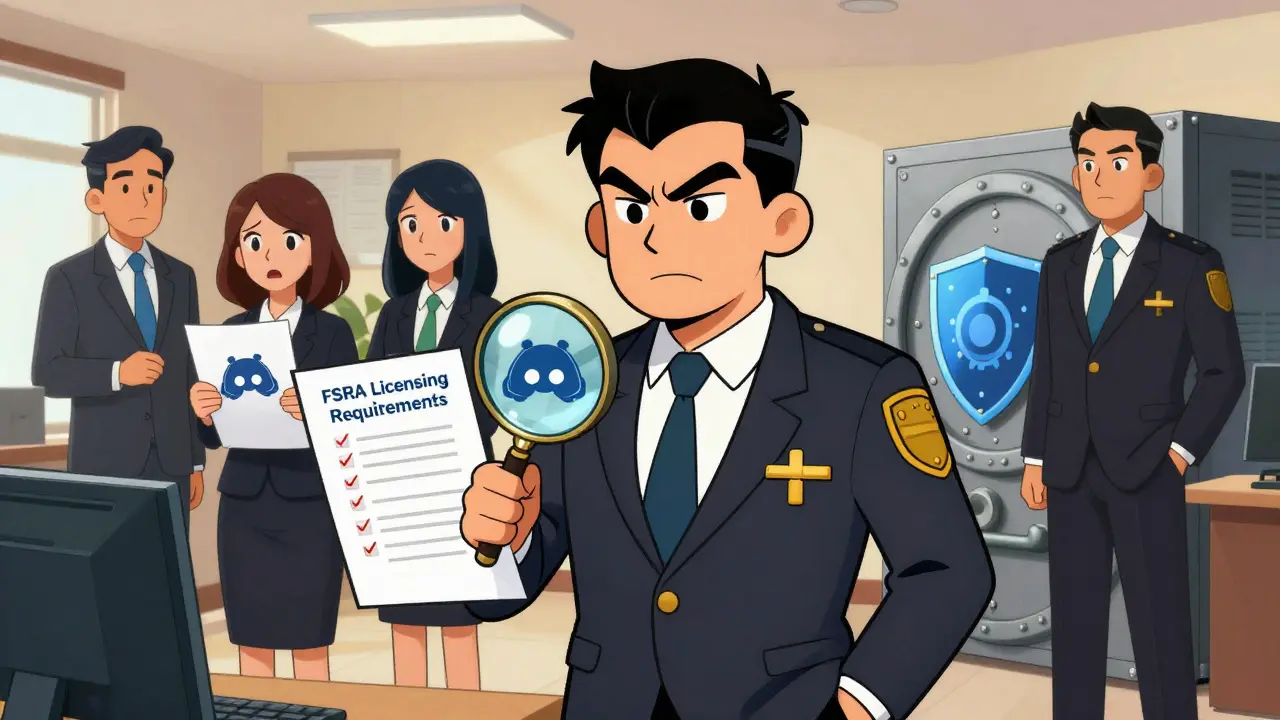 Regulator checking licensing checklist as startup nervously watches beside institutional team