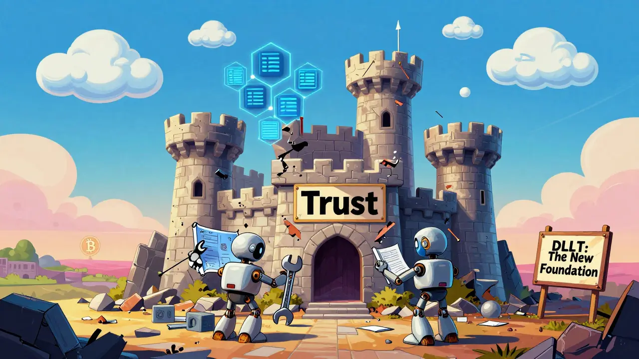 Robots rebuilding a trust castle with digital ledgers as new foundation, Bitcoin fading in background.