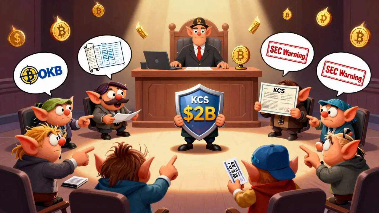 Six crypto tokens on trial in a courtroom with SEC goblins, each presenting unique defenses