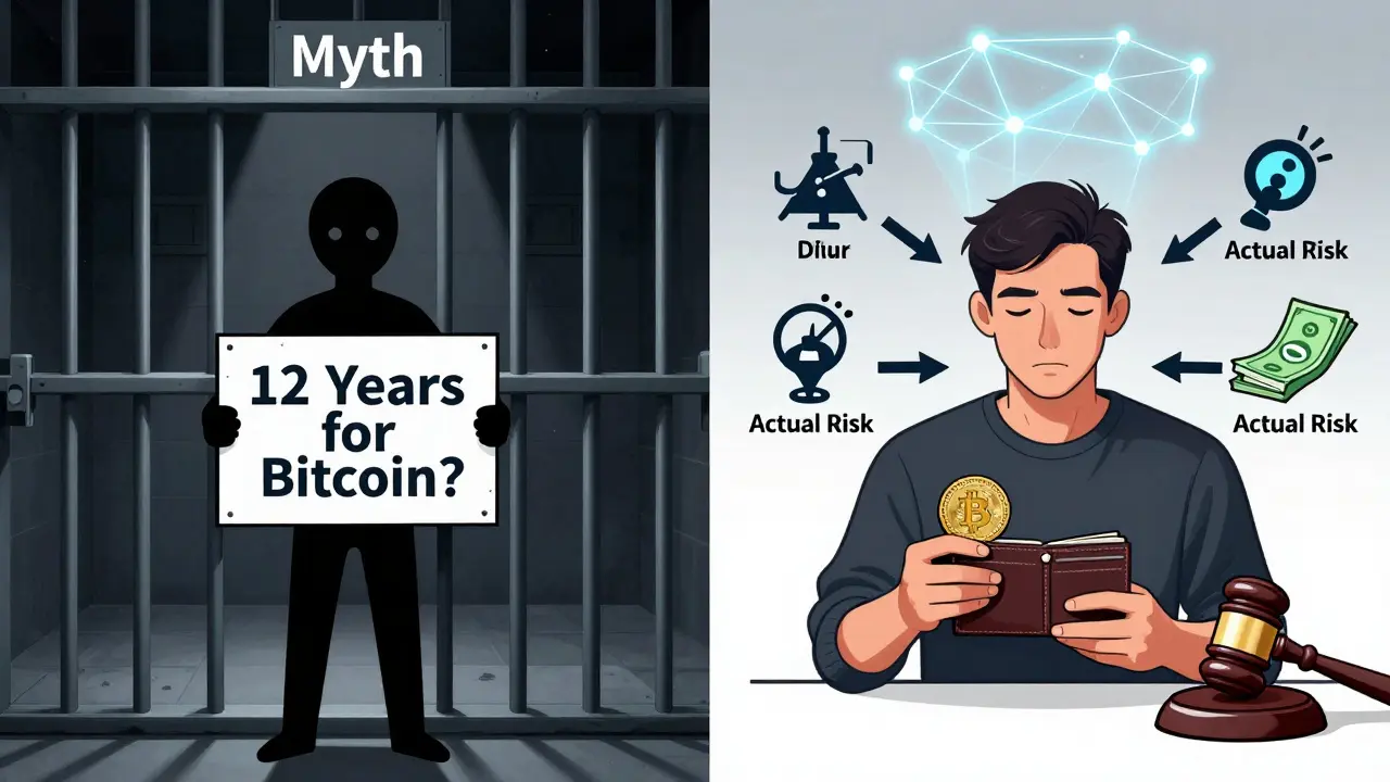 Split scene: fictional prison cell vs real crypto user with fraud arrows pointing to legal gavel.