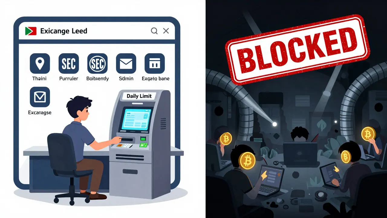 Split scene: orderly licensed exchange vs chaotic offshore crypto use with VPN tunnels.