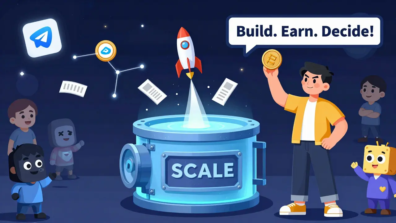 User staking SCALE tokens in a governance vault as voting rockets launch toward TON ecosystem features.