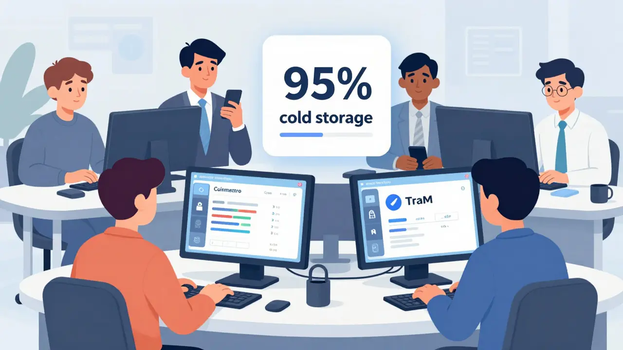 Users staking and copy trading on Coinmetro with cold storage shield visible in cartoon illustration