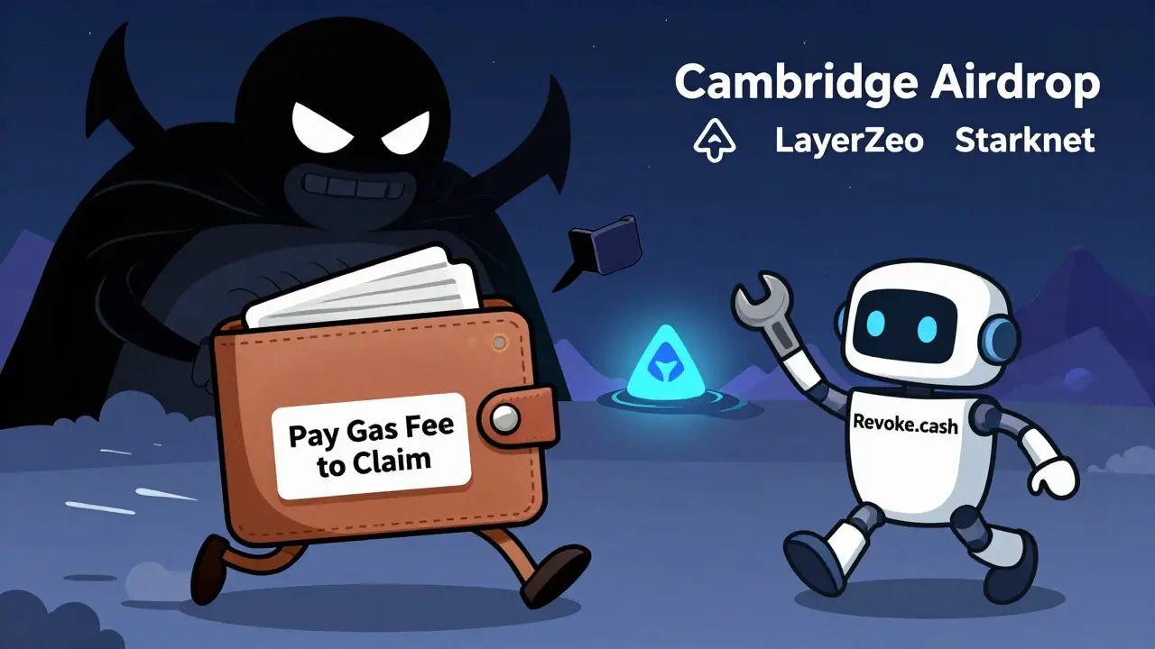 Wallet escaping a scam trap as a robot helps disconnect malicious contracts, with real airdrops in the distance.