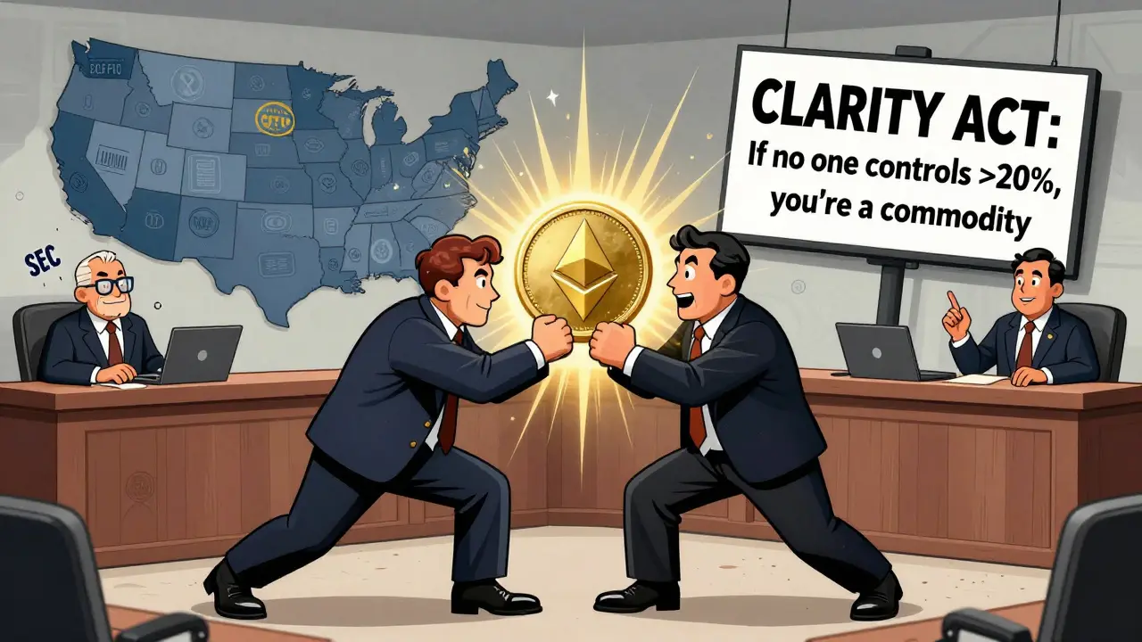 A cartoon courtroom fight between SEC and CFTC over Ethereum, with state license stamps in background.