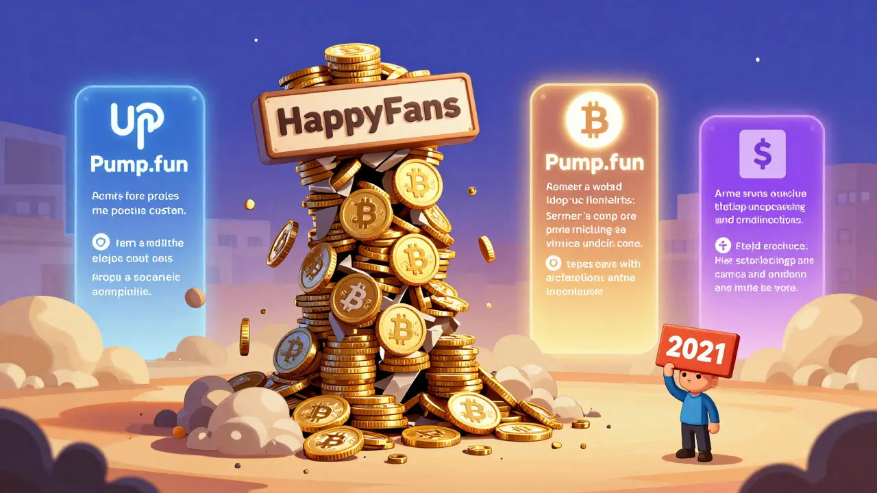 A crumbling HappyFans tower falls apart as modern crypto projects shine brightly in the distance.