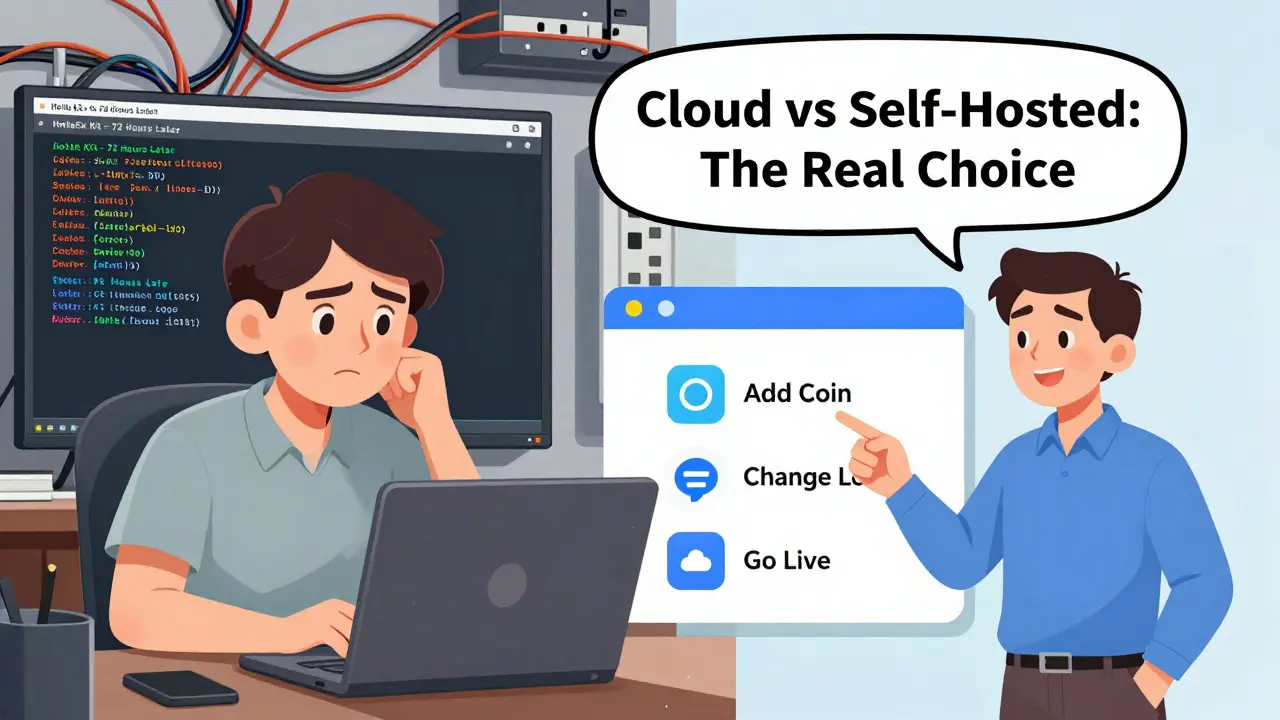 A developer struggles with code on one side, while another user easily launches an exchange via HollaEx cloud dashboard on the other.