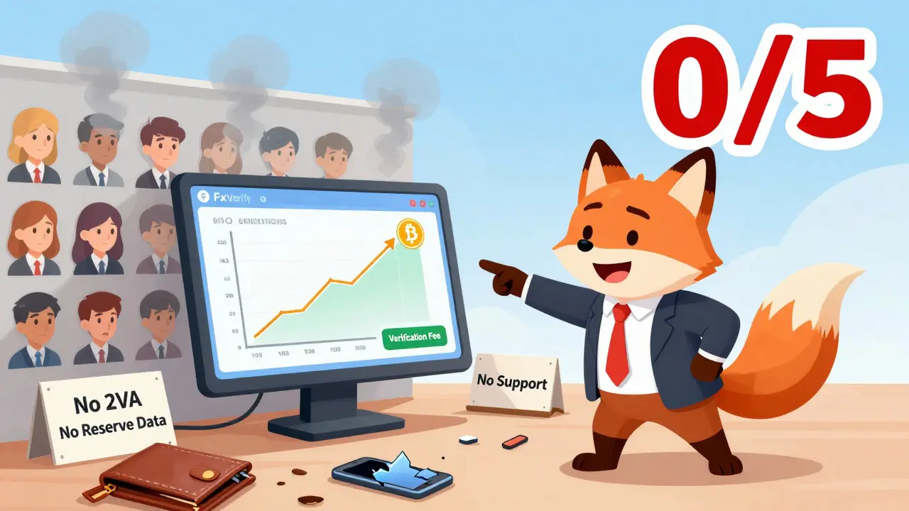 A fox scammer lures a victim with fake crypto profits while users vanish into smoke behind a '0/5' rating.