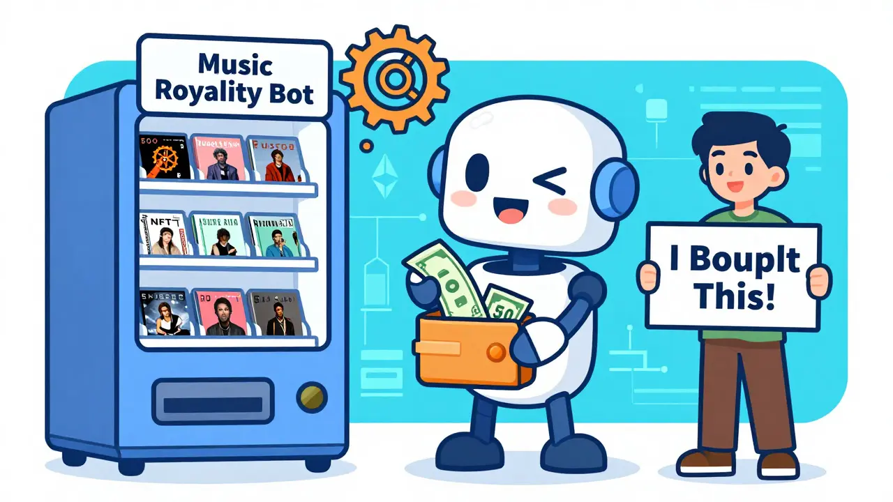 A friendly robot vending machine dispenses royalty payments to a musician as fans resell NFTs.