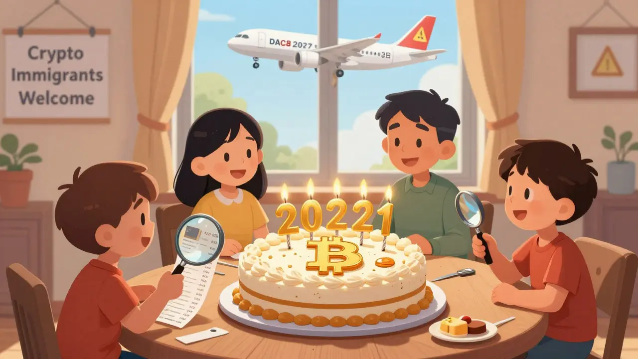 A German family celebrating a Bitcoin cake with candles for each year held, under a 'Crypto Immigrants Welcome' sign.
