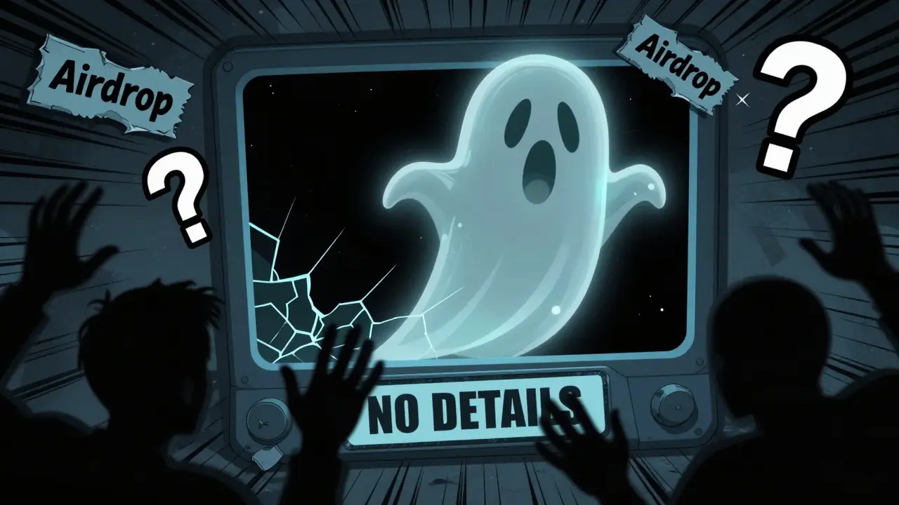 A ghostly NFT hovers over a broken claim portal with no details, while people reach out in confusion.
