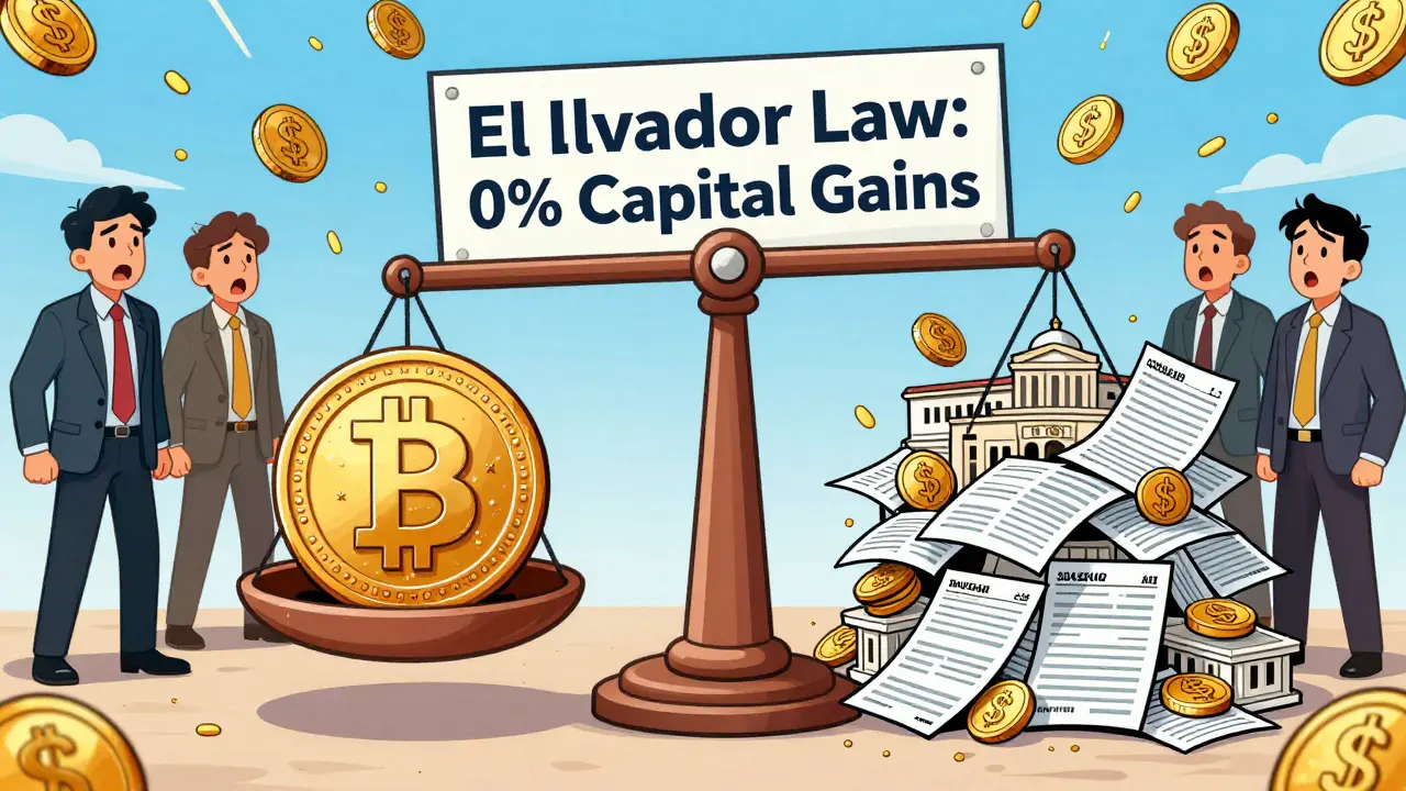 A giant scale balances Bitcoin against tax forms, with Bitcoin crushing the taxes under El Salvador's 0% capital gains law.