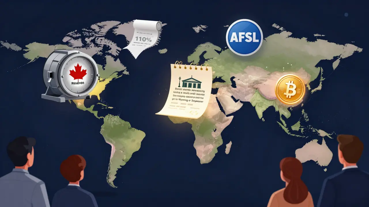 A global map showing different countries' crypto rules with icons and regulators watching.