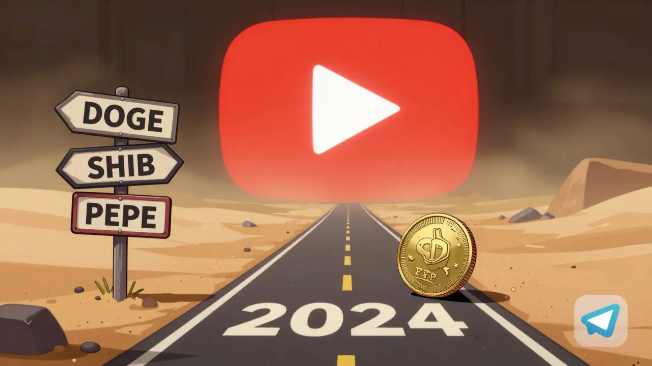 A lone SKBDI coin rolls away as meme coin hype fades, cartoon style.