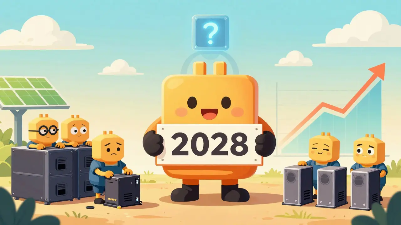 A miner reacting to the 2028 halving, with old and new rigs on opposite sides under a rising price graph.