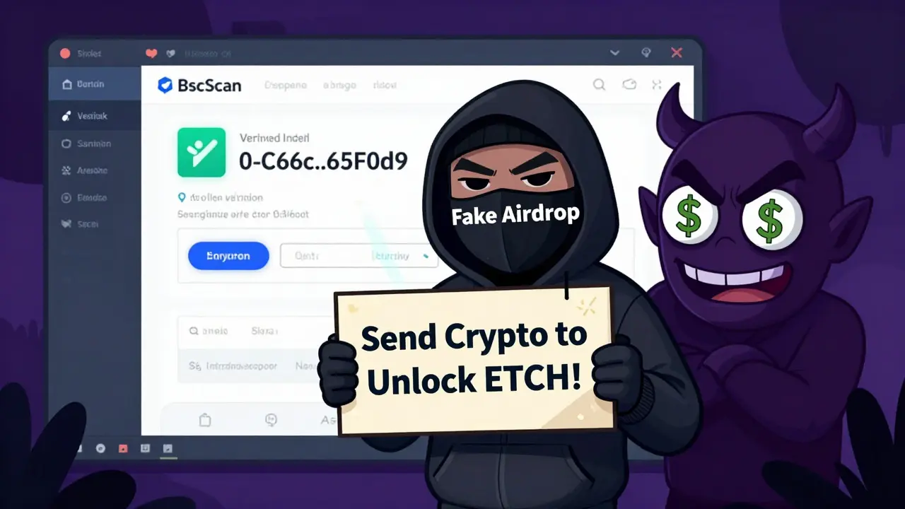 A scammer lures a user with fake airdrop bait while a verified contract glows safely nearby.