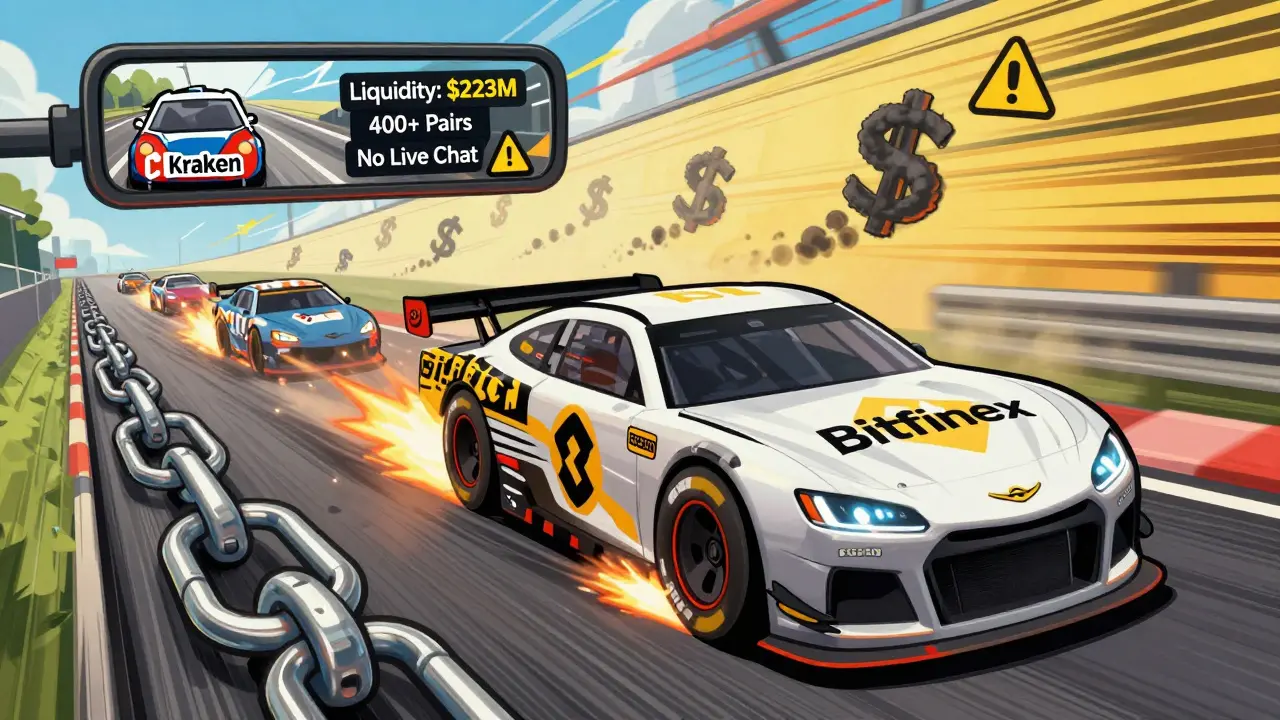 Bitfinex race car speeding ahead of other crypto exchanges on a blockchain track, showing high liquidity and no customer support.