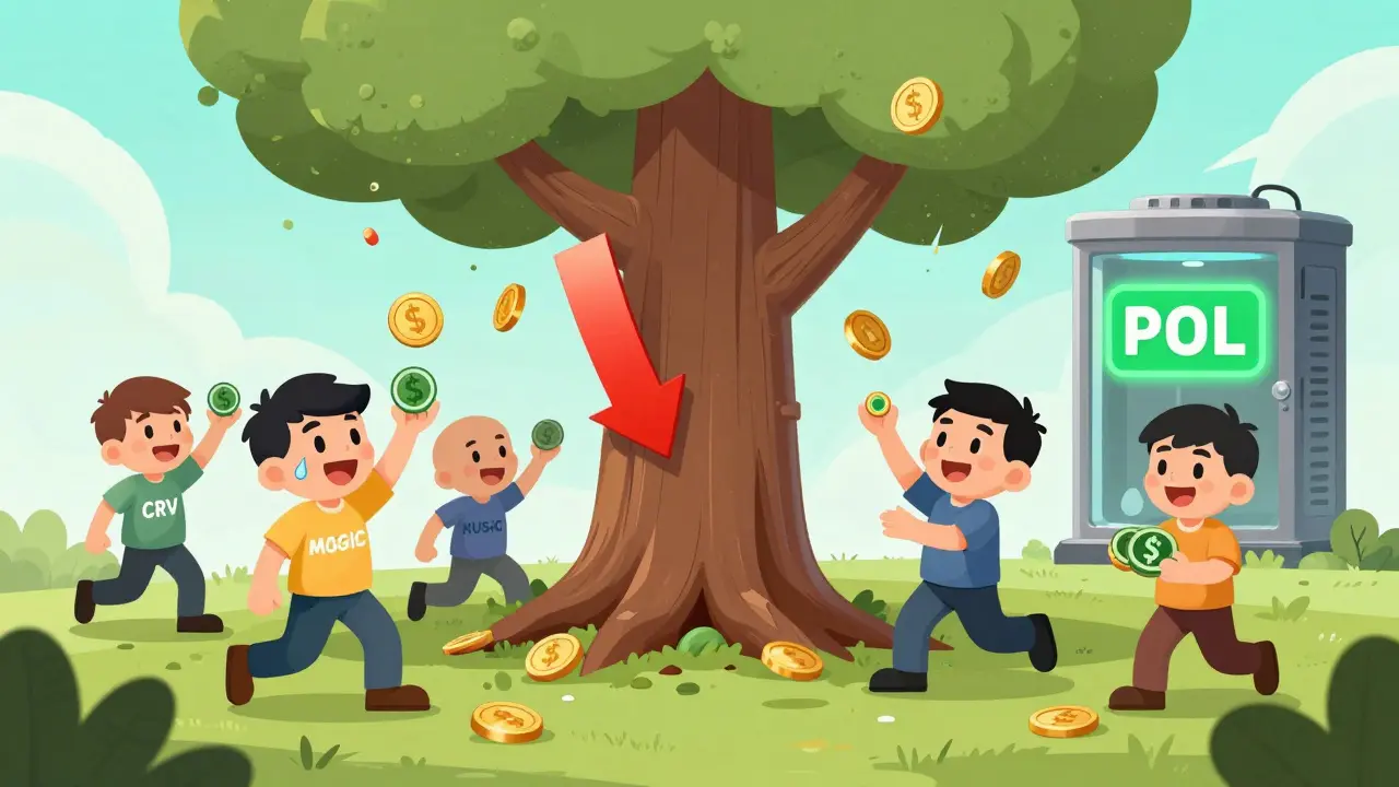 Cartoon liquidity providers scramble as reward tokens crash, while a stable protocol-owned liquidity vault glows steadily in the background.