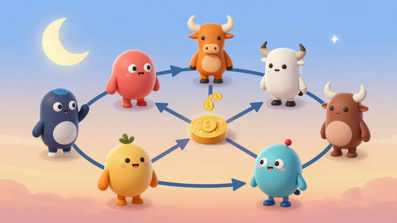 Community network with referral tokens and moon-bull symbol