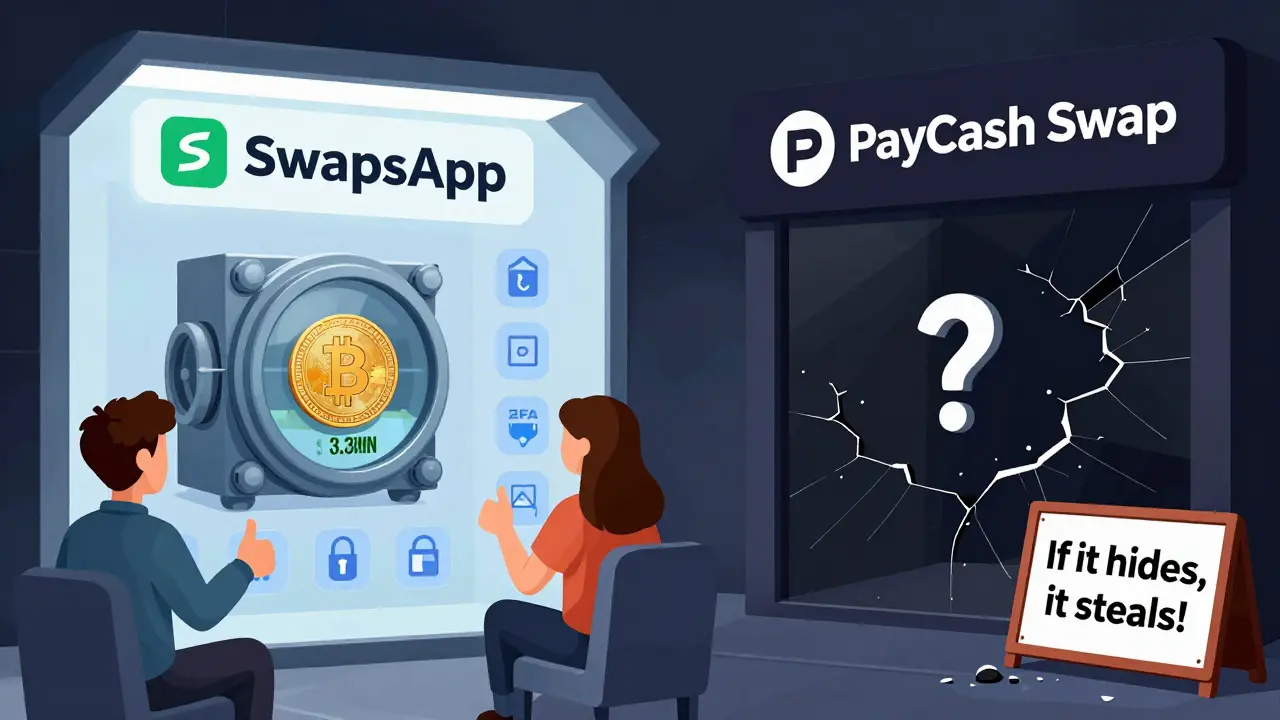 Contrasting a transparent, trustworthy crypto exchange with a hollow, mirrored fake one labeled 'PayCash Swap'.