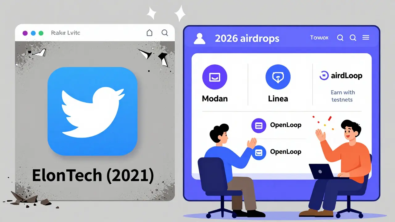 Dead ElonTech website contrasts with thriving 2026 airdrop projects like Monad and Linea.