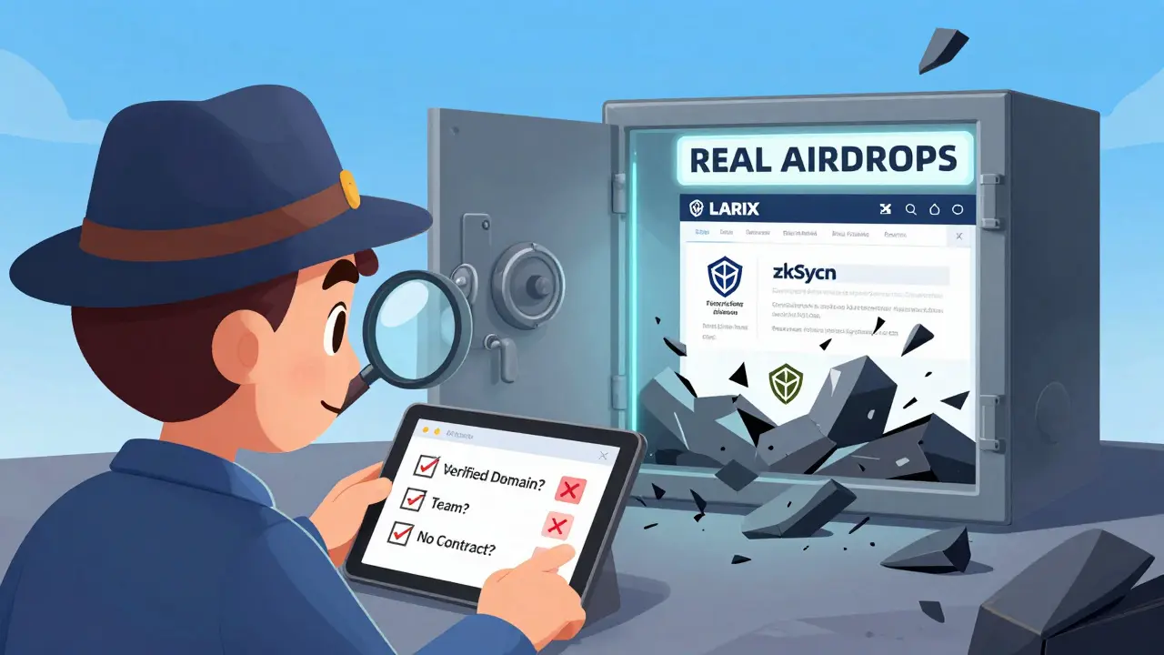 Detective cartoon exposing a fake airdrop while real projects shine safely behind.