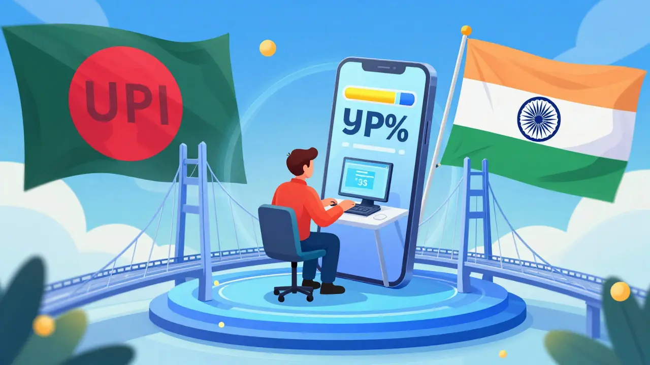 Digital bridge linking Bangladesh and India with UPI and progress bar for digital remittances.