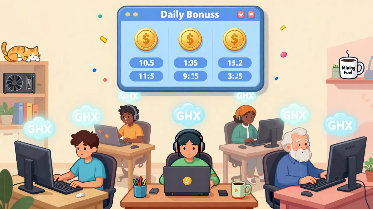 Diverse gamers earning GHX tokens from idle devices, with a sky full of bonus rewards.