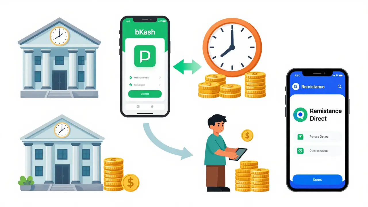 Four remittance channels with time and fee icons for bank, mobile, agent, and app services.