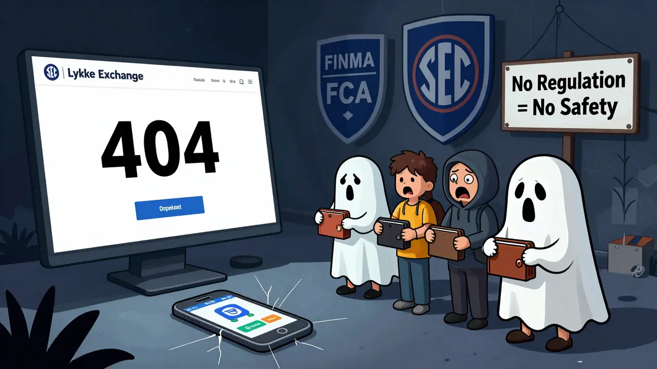 Ghostly abandoned Lykke website with users holding empty wallets and regulatory shields in background