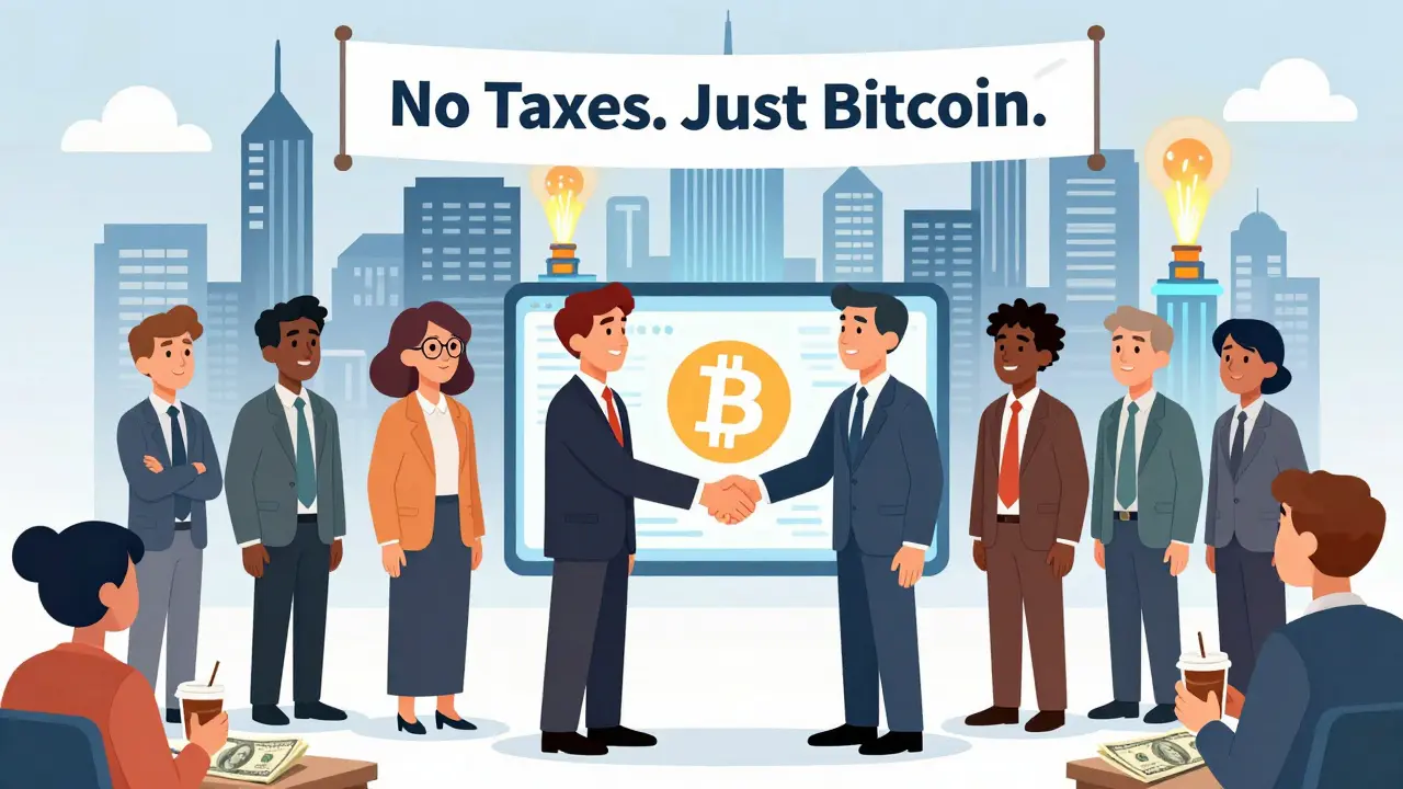 International investors shake hands over a Bitcoin transaction in front of Bitcoin City's futuristic skyline while locals use dollars.