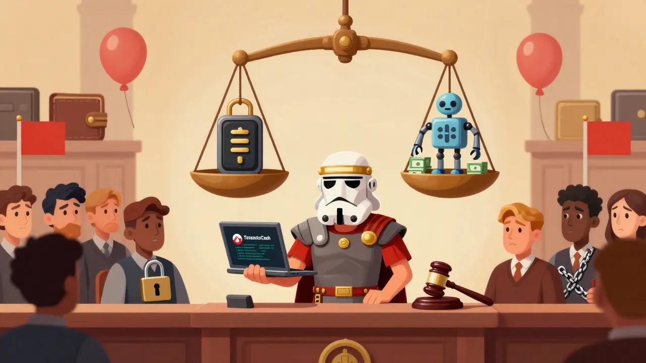 Roman Storm in court, holding code, as a jury debates privacy vs. crime with symbolic objects above him.