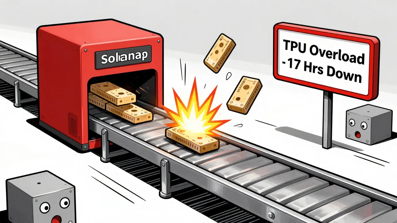 Solana's transaction conveyor belt breaks down, causing sparks and falling blocks with a warning sign.