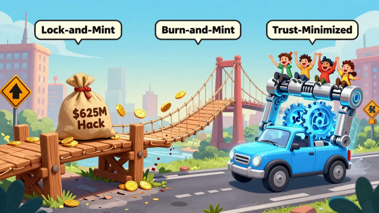 Three cartoon bridge types showing different security levels, with one collapsing and another glowing safely.